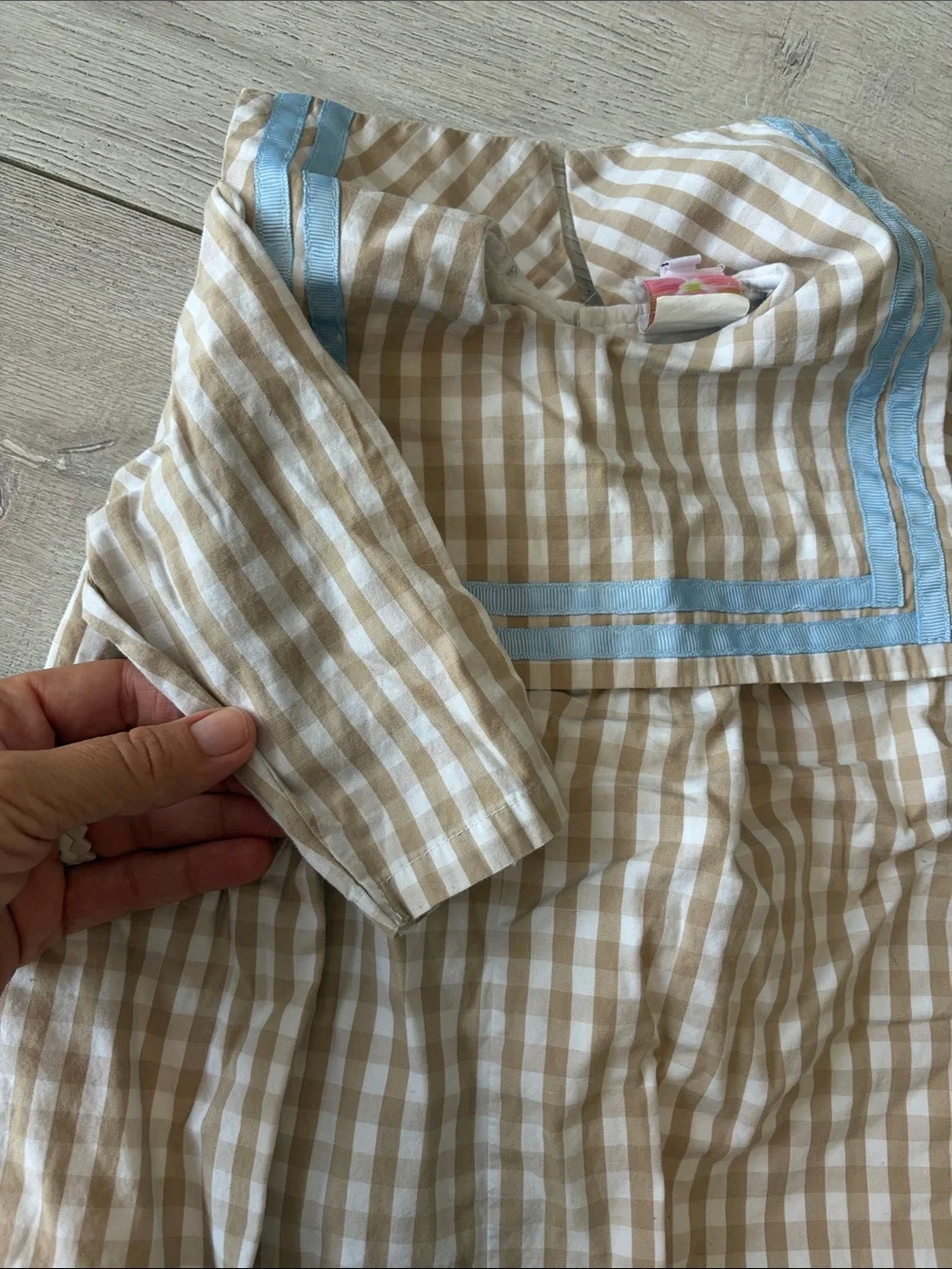 Cecil and Lou size 9 months bibbed gingham print tan blue ribbon romper long